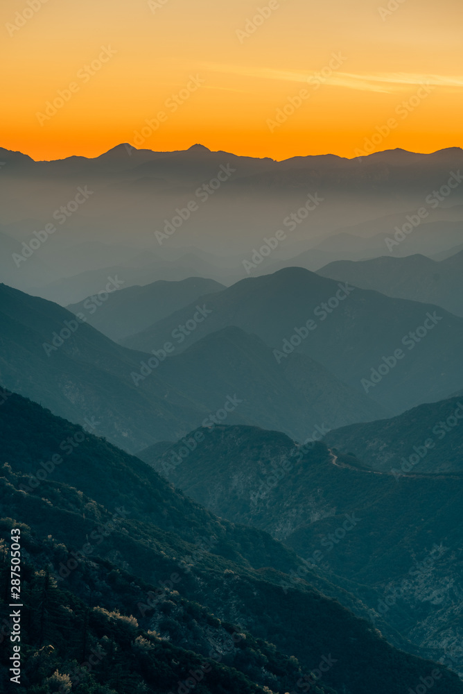 Mountain layers view from Glendora Ridge Road at sunset, in Angeles National Forest, California
