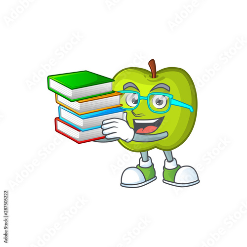 Student with book granny smith apple character for health mascot