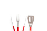 Tongs, fork, spatula for barbecue and grill on white background top view copyspace