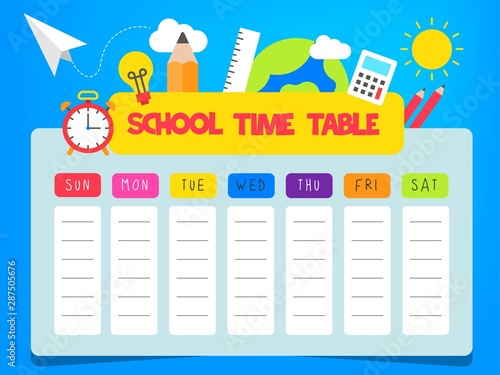 Back to school, School time table vector illustration