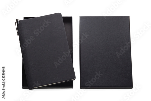 Black pu leather notebook in box with pen holder, mockup isolated on white background, business gift