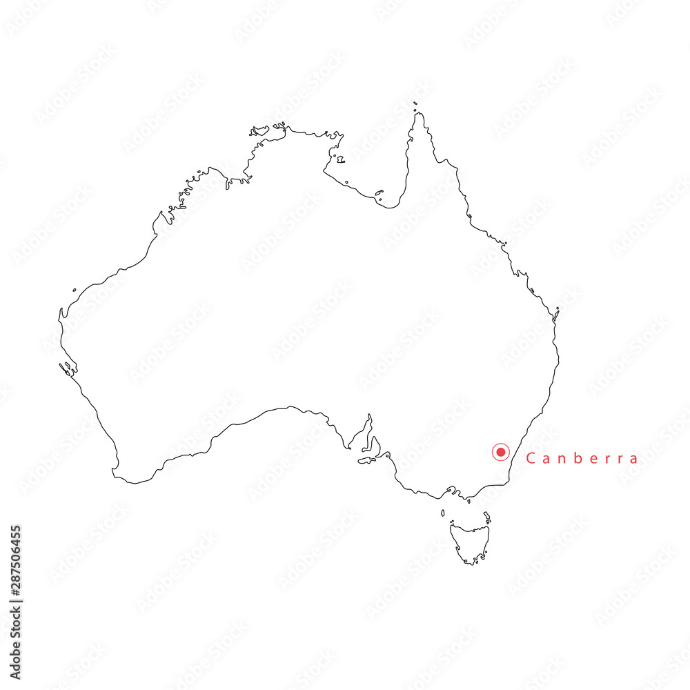Vector black outline Australia map and Canberra capital.