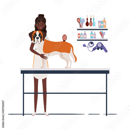 young woman with dog in pet groomer