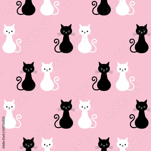 Vector seamless pattern from silhouette of cat couple in love. Black and white cat couple on pink background