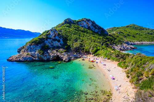 Fototapeta Naklejka Na Ścianę i Meble -  Porto Timoni beach at Afionas is a paradise double beach with crystal clear azure water in Corfu, Ionian island, Greece, Europe
