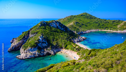 Fototapeta Naklejka Na Ścianę i Meble -  Porto Timoni beach at Afionas is a paradise double beach with crystal clear azure water in Corfu, Ionian island, Greece, Europe