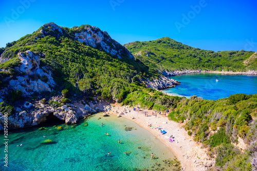 Fototapeta Naklejka Na Ścianę i Meble -  Porto Timoni beach at Afionas is a paradise double beach with crystal clear azure water in Corfu, Ionian island, Greece, Europe