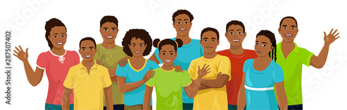 Group of African American children. Kids and teenagers, boys and girls are stand and smile. Vector illustration isolated on white background.