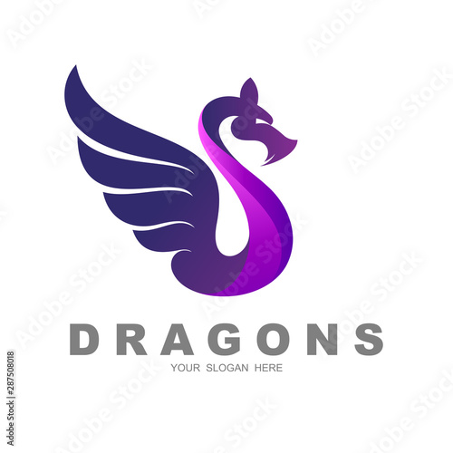 Fototapeta Naklejka Na Ścianę i Meble -  dragon logo design template, vector  illustration, game logo, wing and dragon design template