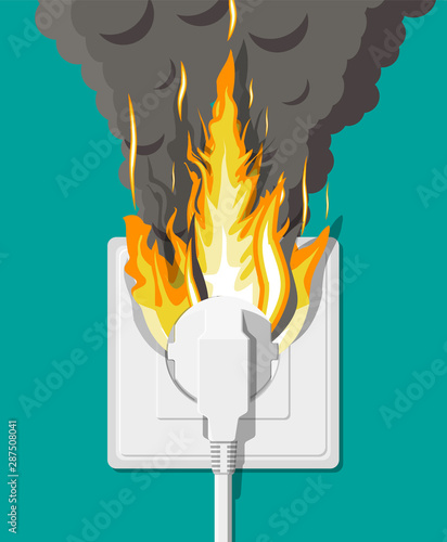 Electrical outlet with plug on fire. Overload of network. Short circuit. Electrical safety concept. Wall socket in flames with smoke. Vector illustration in flat style