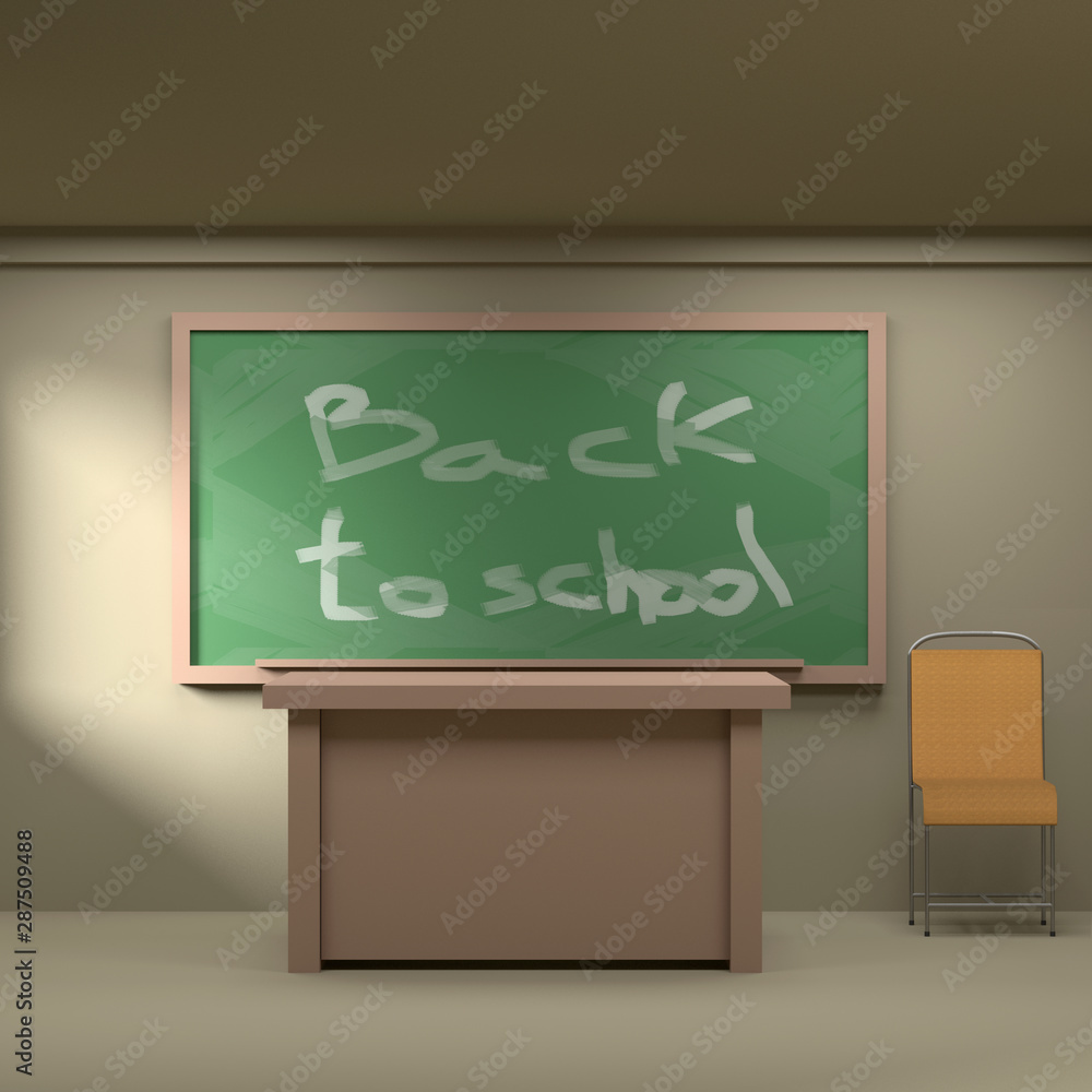 Wooden table and chair with green blackboard . education background with window shadow,3D rendering Wooden table and chair with green blackboard . education background with window shadow,3D rendering