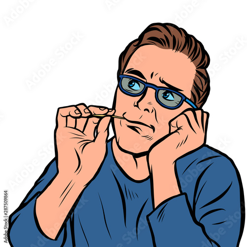 a man picks a toothpick in his teeth