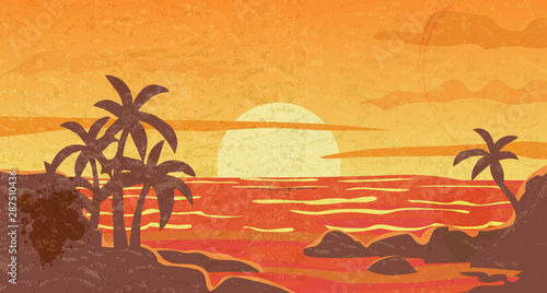 Retro postcard. Vintage sunset landscape. Vector