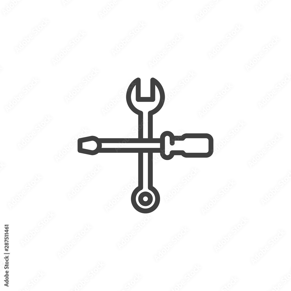 Wrench and screwdriver line icon. linear style sign for mobile concept and web design. Fix, repair service outline vector icon. Support symbol, logo illustration. Vector graphics Wrench and screwdriver line icon. linear style sign for mobile concept and web design. Fix, repair service outline vector icon. Support symbol, logo illustration. Vector graphics
