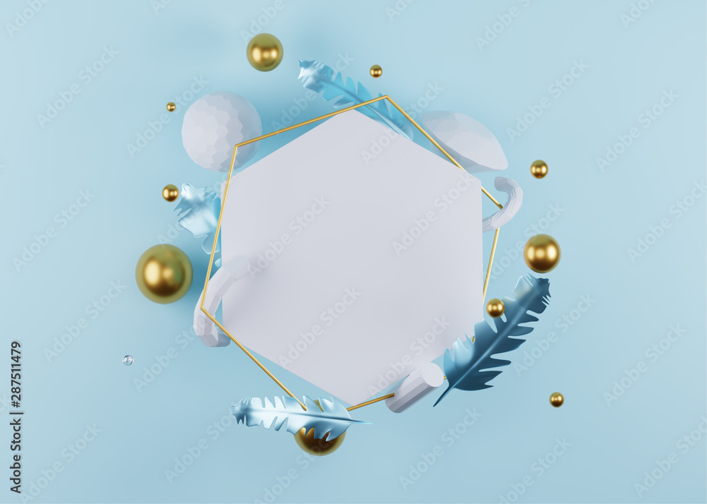 3D Rendered illustration on sky blue background with flying geometric shapes, leaves, bubble and frame. 3D Rendered illustration on sky blue background with flying geometric shapes, leaves, bubble and frame.