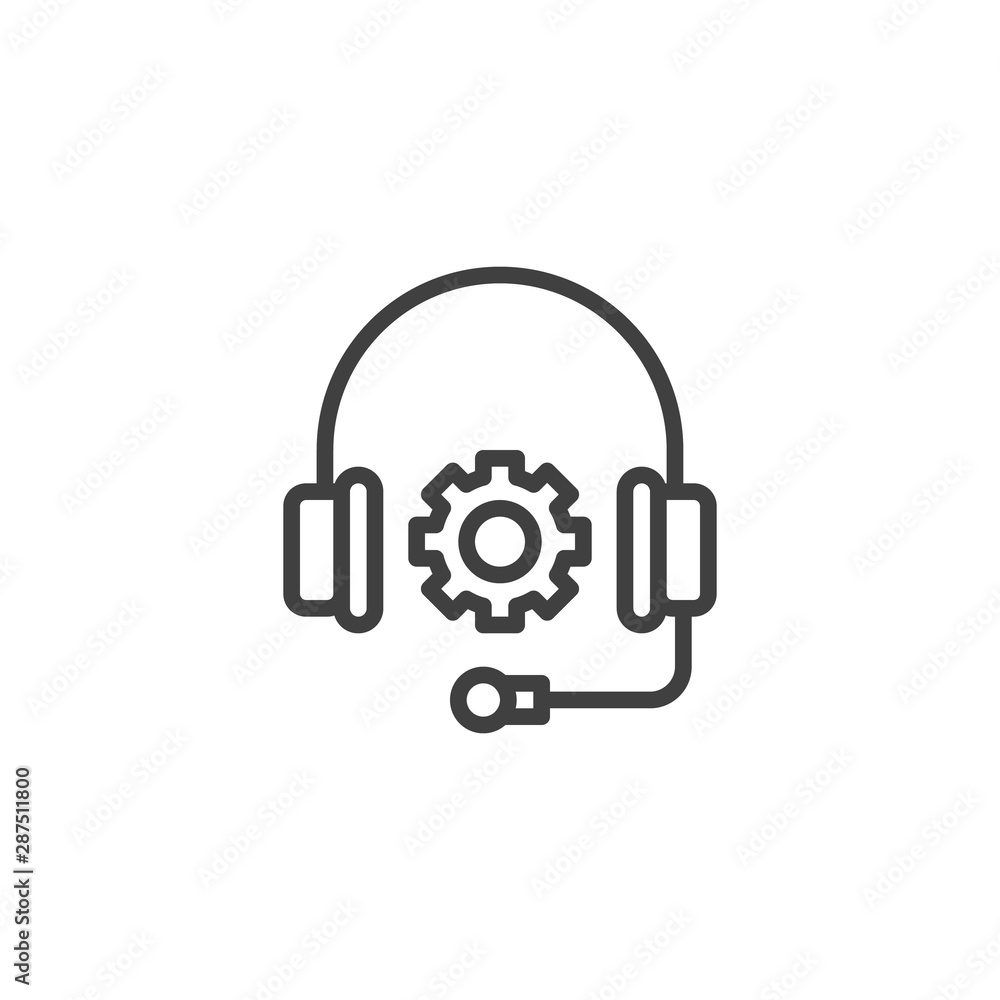 Technical Support line icon. Headphones and gear linear style sign for mobile concept and web design. Customer service outline vector icon. Symbol, logo illustration. Vector graphics Technical Support line icon. Headphones and gear linear style sign for mobile concept and web design. Customer service outline vector icon. Symbol, logo illustration. Vector graphics