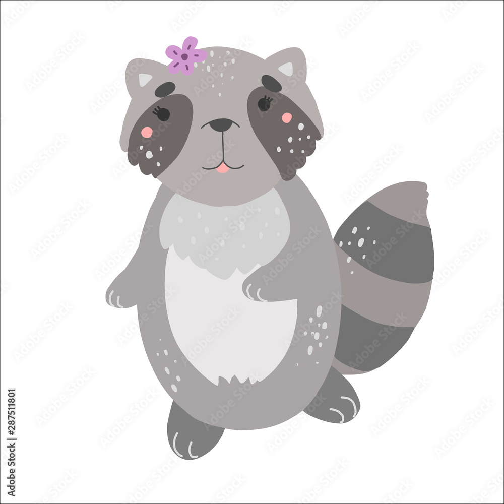 Naklejka premium Little cute raccoon, kawaii vector illustration, flat style