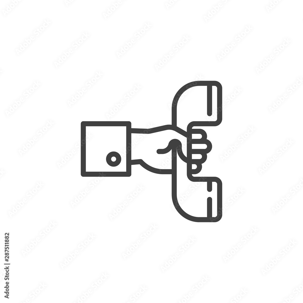 Hand with telephone receiver line icon. Hotline service linear style sign for mobile concept and web design. Technical support contact outline vector icon. Symbol, logo illustration. Vector graphics Hand with telephone receiver line icon. Hotline service linear style sign for mobile concept and web design. Technical support contact outline vector icon. Symbol, logo illustration. Vector graphics