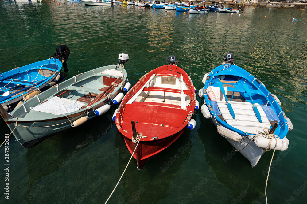 Small boats moored in the harbor of the ancient village of Vernazza, Cinque Terre (UNESCO world heritage site), Mediterranean Sea, La Spezia province, Liguria, Italy, South Europe