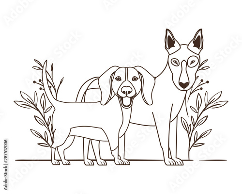 silhouette of cute and adorable dogs with leaves background