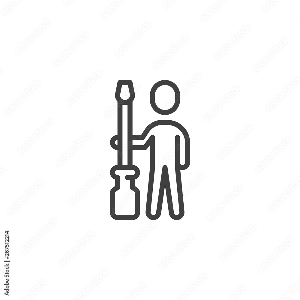 Man with screwdriver line icon. Repair service linear style sign for mobile concept and web design. Technical support outline vector icon. Symbol, logo illustration. Vector graphics Man with screwdriver line icon. Repair service linear style sign for mobile concept and web design. Technical support outline vector icon. Symbol, logo illustration. Vector graphics