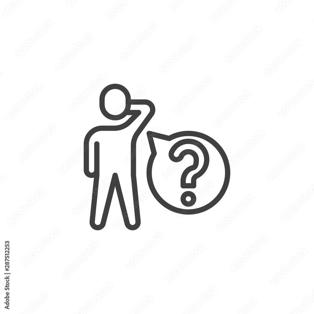 Man with question speech bubble line icon. Customer Service linear style sign for mobile concept and web design. Help, Support outline vector icon. Symbol, logo illustration. Vector graphics Man with question speech bubble line icon. Customer Service linear style sign for mobile concept and web design. Help, Support outline vector icon. Symbol, logo illustration. Vector graphics