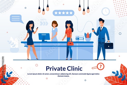 Advertising Banner Private Clinic Lettering Flat. Regular Visits to Doctor Reduce Incidence Rate. Men and Women are at Reception Modern Comfortable Clinic Cartoon. Vector Illustration.