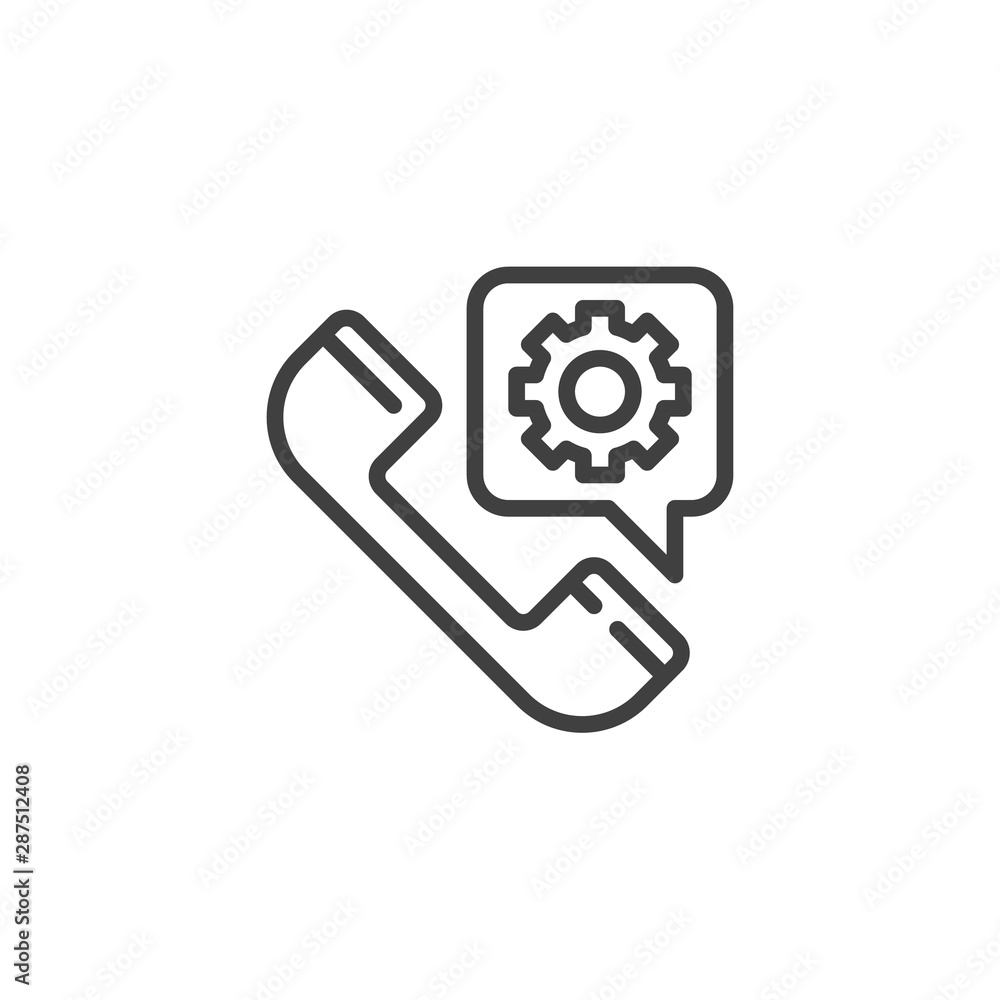 Service call line icon. Telephone and settings gear bubble linear style sign for mobile concept and web design. Technical support service outline vector icon. Symbol logo illustration. Vector graphics Service call line icon. Telephone and settings gear bubble linear style sign for mobile concept and web design. Technical support service outline vector icon. Symbol logo illustration. Vector graphics