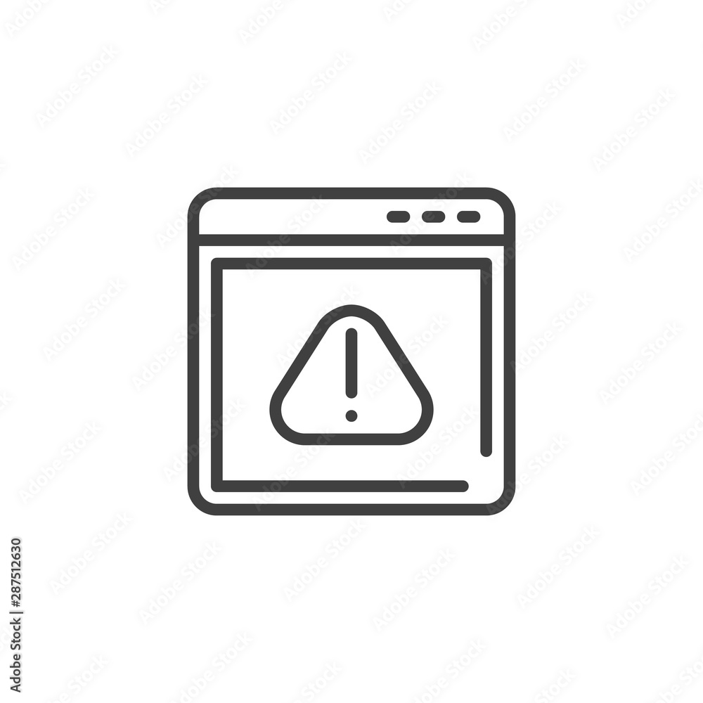 Web error line icon. Website with exclamation sign linear style sign for mobile concept and web design. Warning page outline vector icon. Symbol, logo illustration. Vector graphics Web error line icon. Website with exclamation sign linear style sign for mobile concept and web design. Warning page outline vector icon. Symbol, logo illustration. Vector graphics