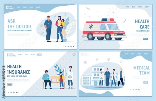 Health Insurance, Medical Support, Online Qualified Family Doctor Consultation, First Aid Ambulance Service. Online Medicine and Healthcare. Flat Landing Page Set. Vector Advertising Illustration
