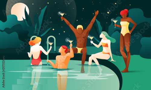 Night Party at Swimming Pool. Cartoon People Drink Cocktails Vector Illustration. Woman Bikini Man Swimsuit. Tropic Nature, Palm Tree, Full Moon. Resort Hotel, Tropic Paradise Vacation, Summer Travel