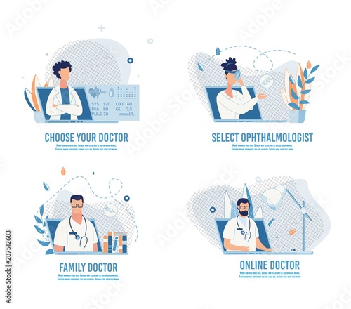 Choose Doctor, Make Appointment and Book Visit Online Set. Searching Medical Specialist Service for Diseases Treatment, Maintaining Health. Cartoon Design Banner. Vector Flat Illustration