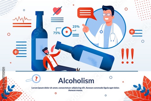 Advertising Poster Alcoholism Lettering Cartoon. Research to Detect Diseases in Early Stages. Man is Abusing Alcohol, Lying on Floor Next to Large Bottle Wine. Vector Illustration.