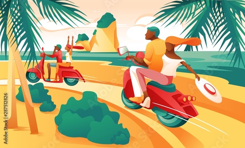 Cartoon Couple Ride Motorcycle on Beach Ocean Shore Vector Illustration. Man Woman on Motorbike. Tropical Nature, Palm Tree, Sea Coastline. Coast Road. Tropic Vacation, Trip, Summer Travel