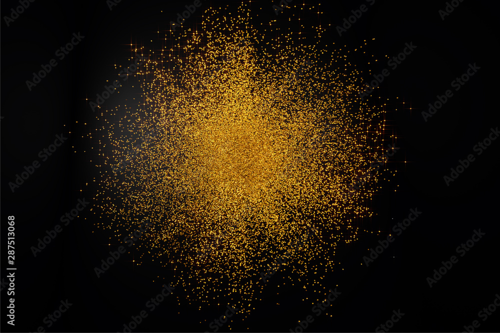 3D Render of abstract falling golden parts background. Flying particles and elegant Gold background for Business Presentations, Gift cards, Universe Jewelry Design. - obrazy, fototapety, plakaty 