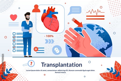 Advertising Banner is Written Transplantation. Quick and Accurate Diagnosis any Abnormalities or Diseases. Male Doctor Stands in his Office, Next to his Hand and Internal Organ. Vector Illustration.