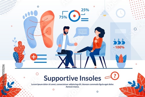 Informational Banner is Written Supportive Insoles. Painless and Safe Health Research Procedure. Man Sits on Chair and does Foot Massage to Young Woman Cartoon. Vector Illustration.