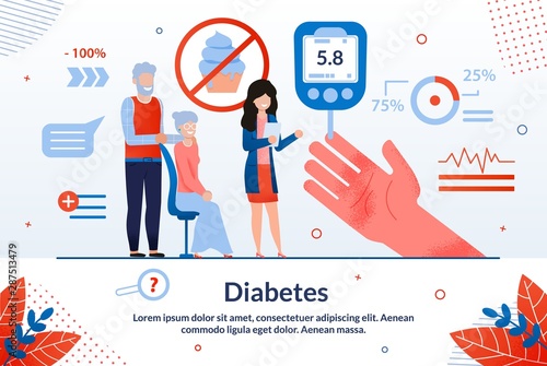 Informative Flyer Inscription Diabetes Cartoon. Medical Methods Using Characteristic Biochemical Features Studied Organism. Mature Husband and Wife Take Sugar Test in Laboratory Flat.