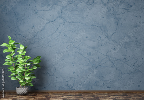 Fototapeta Naklejka Na Ścianę i Meble -  Interior background of room with stucco wall and vase with plant 3d rendering