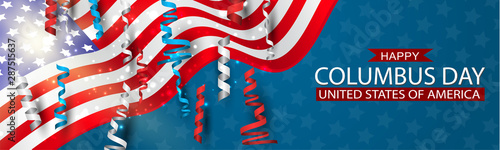 Happy Columbus Day banner with USA flag and blue, red, and white ringlets. United States National holiday advertisment header design. Vector illustration.
