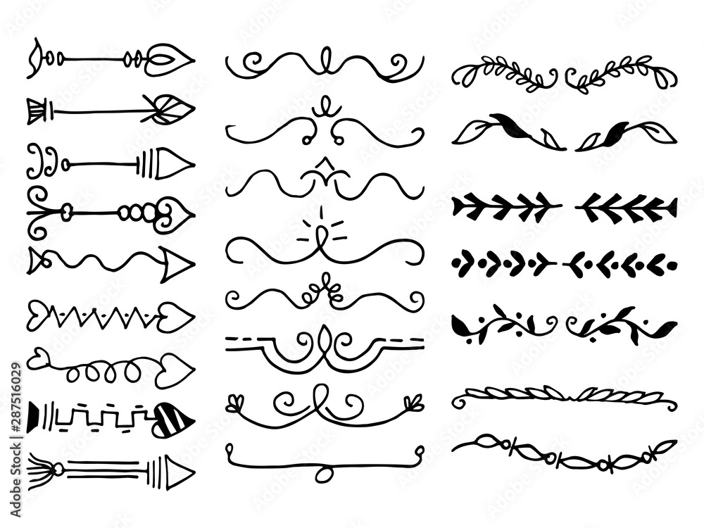 Hand drawn vector borders, dividers. Lines, arrows, leaf and laurels set. Doodle design elements. isolated on white background