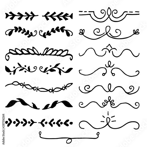 Hand drawn vector borders, dividers. Lines, leaf and laurels set. Doodle design elements. isolated on white background