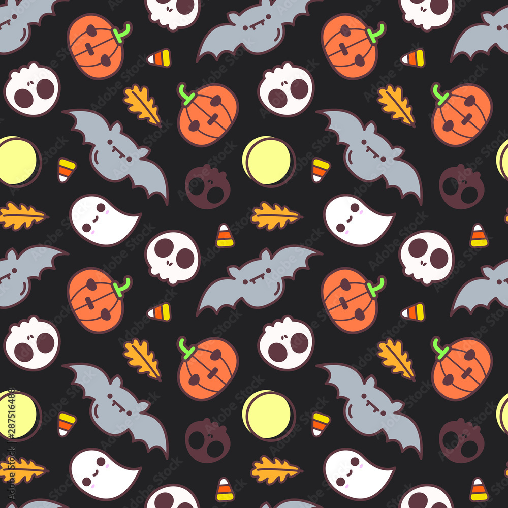 Seamless halloween pattern with halloween elements on black background for greeting card, gift box, fabric, web design. Seamless halloween pattern with halloween elements on black background for greeting card, gift box, fabric, web design.