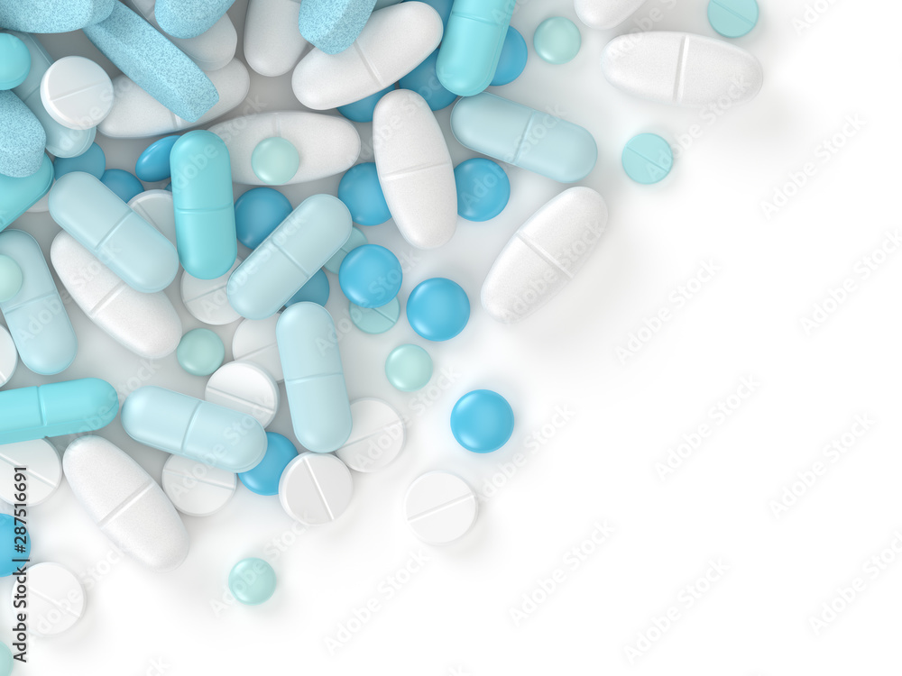 3d render of top view of pills, tablets and capsules