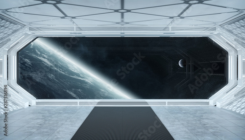 Fototapeta Naklejka Na Ścianę i Meble -  White blue spaceship futuristic interior with window view on planet Earth 3d rendering