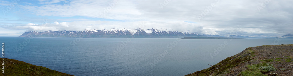 Panorama view of a fjord in Iceland. Panoramic image