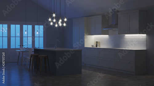 The interior of the kitchen in a private house. White kitchen with a blue island. Night. Evening lighting. 3D rendering.
