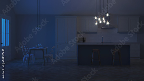 The interior of the kitchen in a private house. White kitchen with a blue island. Night. Evening lighting. 3D rendering.