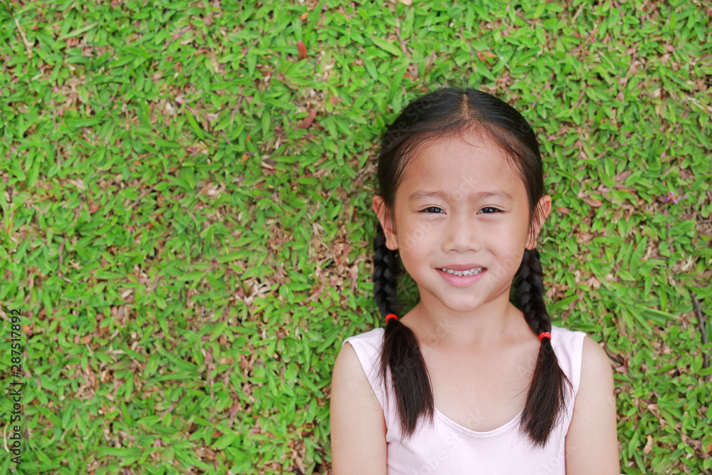 Portrait of beautiful little Asian child girl with two ponytail hair lying on green grass lawn. Portrait of beautiful little Asian child girl with two ponytail hair lying on green grass lawn.