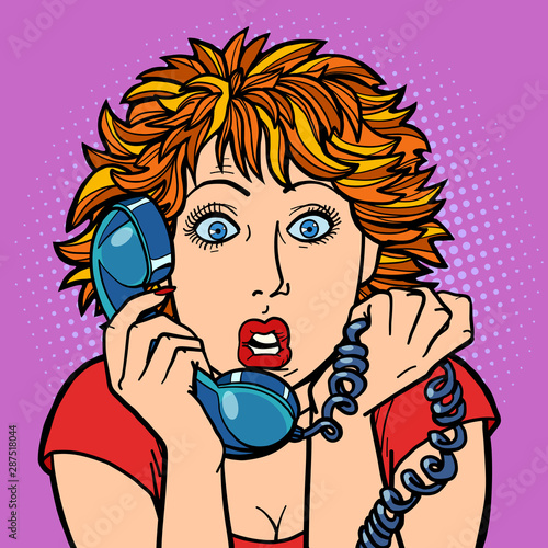 the woman is surprised. human emotions. telephone conversation